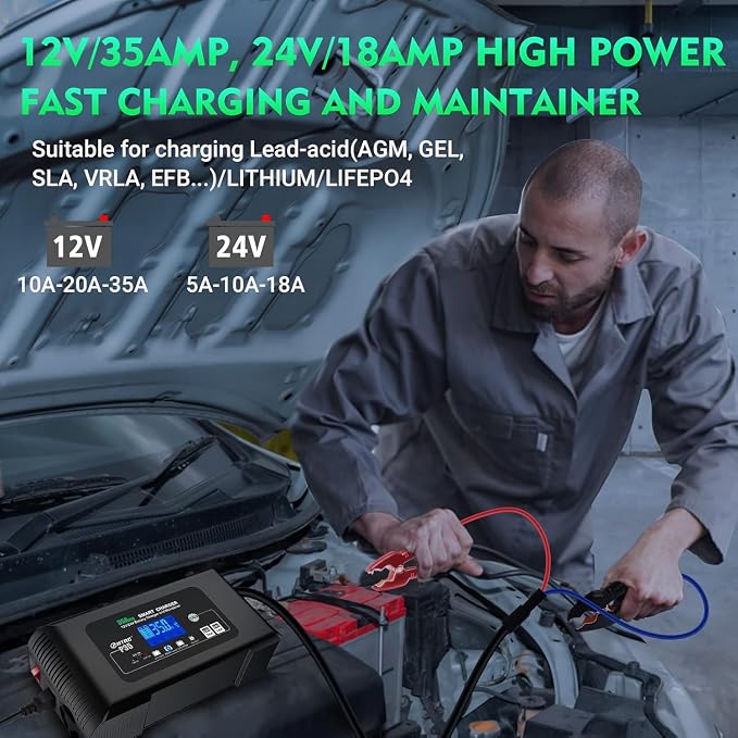 Battery Charger, Smart 0-35A 12V/24V Trickle Charger, Portable Car Battery Charger with 9 Stages of Charging for LiFePO4, Lead-Acid, and Lithium Batteries, with Battery Repair Function
