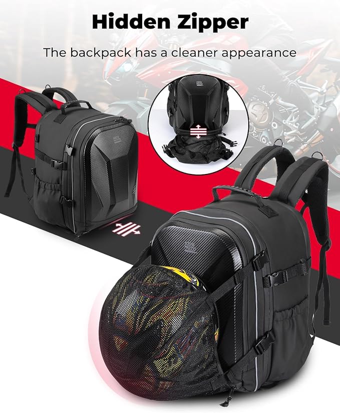 KEMIMOTO Motorcycle Helmet Backpack Bag, 40L Large Capacity Helmet Backpack Hard Shell with Expandable Storage and Rain Cover, USB Charging Port, Waterproof