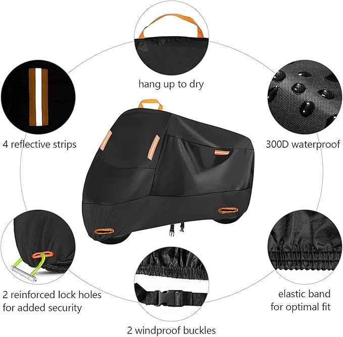 SECELES 300D Motorcycle Cover Heavy Duty, SECELES All Season Durable Scooter Vespa Cover Waterproof Outdoor for Small Bike Scooter Bicycle fit up to 75 inch Motorbike (L: 75" x 37" x 39")