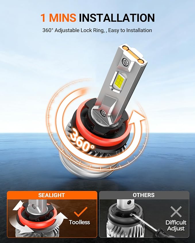 SEALIGHT 9005 H11 Bulbs, 180,000LM 14X Brightness, HB3 H8/H16/H9 6500K Cool White LED Bulbs, IP68 Waterproof 70000Hrs Lifespan, No Flickering, 1Mins Installation, 4 Pack