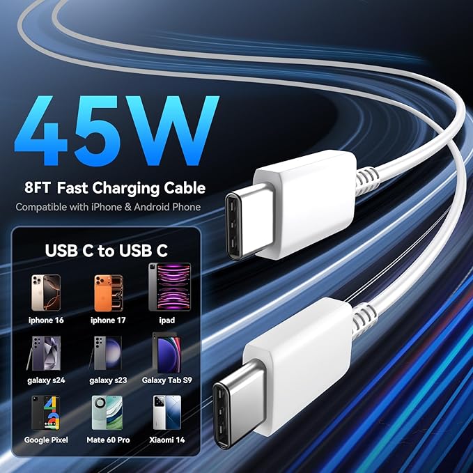 Phone 17 16 Pro Max Charger Fast Charging, 45W Super Fast USB C Charger Block with 8FT Charging Cable for 17 16 Pro Max/17 16Pro/16 Plus,15 Pro Max/15 Pro/15, Android Phone