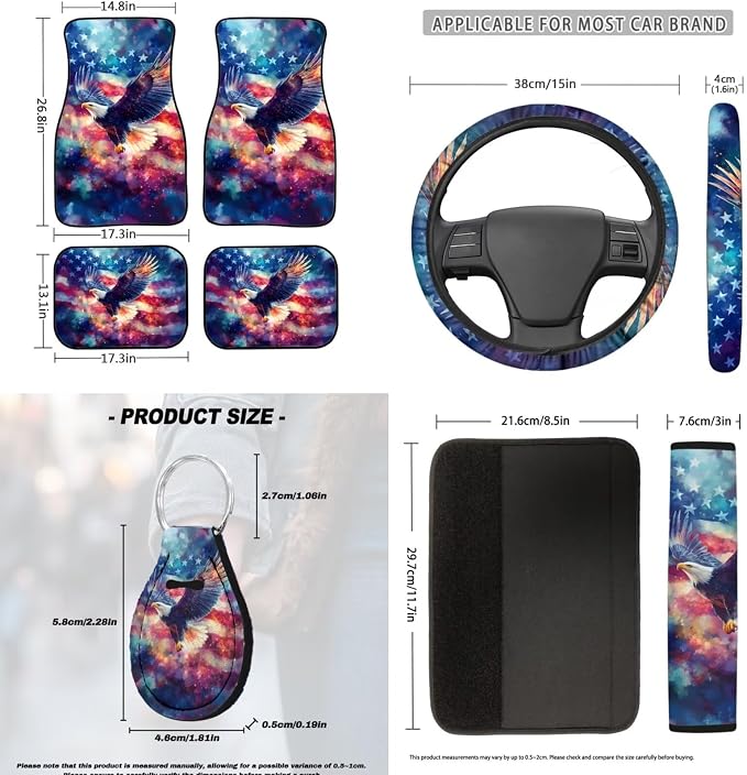 18 Pcs Eagle American Flag Car Interior Accessories Set, Car Seat Covers Full Set with Auto Steering Wheel Cover Floor Mats Armrest Pad Seat Belt Pads Handle Wraps Cup Coaster Keychain