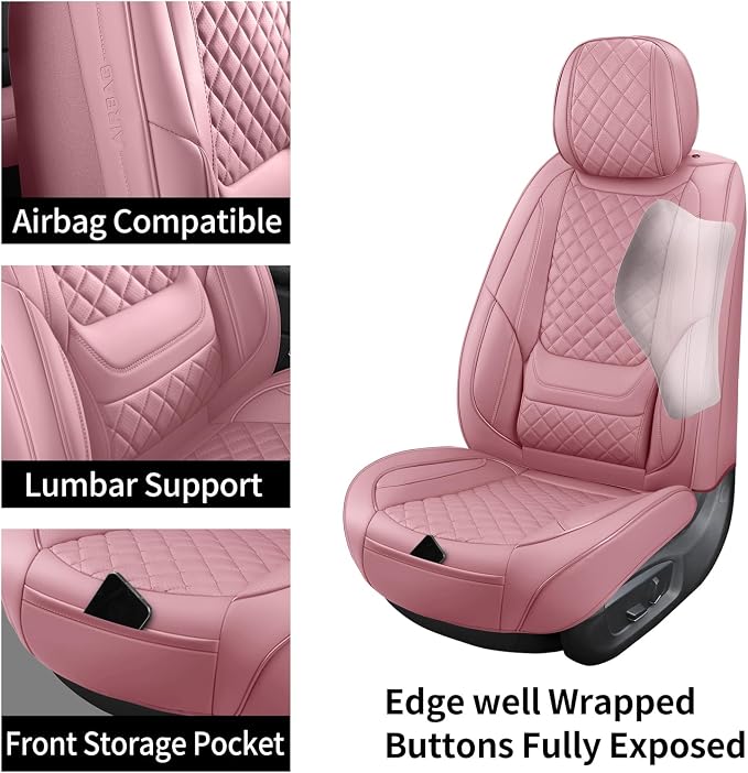 Leather Car Seat Covers Full Set Breathable Automotive Seat Covers Waterproof Seat Protectors Universal Fit for Most Automotive Cars SUV Trucks Van (Pink, Full Set)