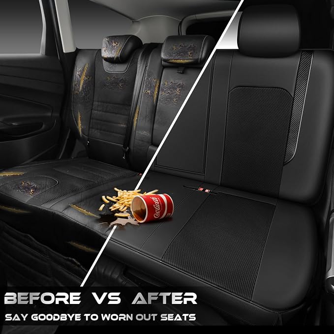 CAR PASS Faux Leather High Back Rear Seat Covers Only, Sporty Waterproof Anti-Slip Airbag Compatible Universal Fit for Most Sedans Trucks Vans SUVs, Rear Black