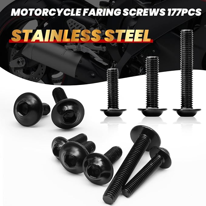 177Pcs Motorcycle Fairing Bolt Kit, M5 M6 Stainless Steel Windscreen Screws Fastener Clips Universal Fit for Sportbike Kawasaki Suzuki Honda Yamaha BMW Ducati GSXR Motorcycle(Black)