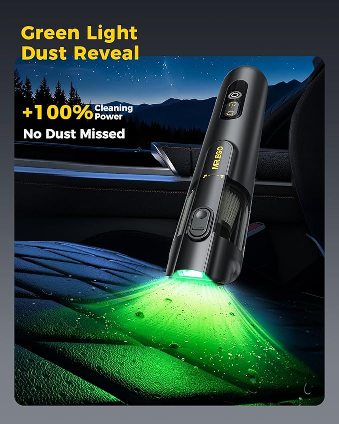 Mr.ego Car Vacuum Portable Cordless, 26000Pa High-Power Handheld Vacuum & Air Duster with Brushless Motor, Multi-Nozzles, Green LED Light & Washable Filter for Car, Home, Office Desk & Keyboards