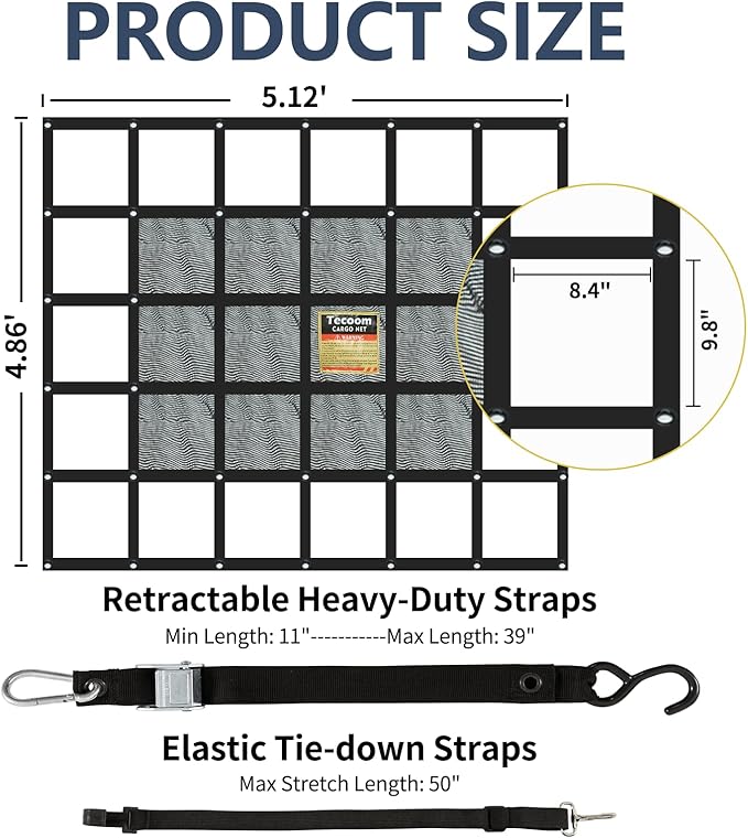 Tecoom Heavy Duty Cargo Net for Pickup Truck Bed, 4.86'x5.12' Adjustable Cam Buckles & S-Hooks & Cross Strap, 1,500 lbs Capacity Cargo Net Truck Accessory (58"x61")