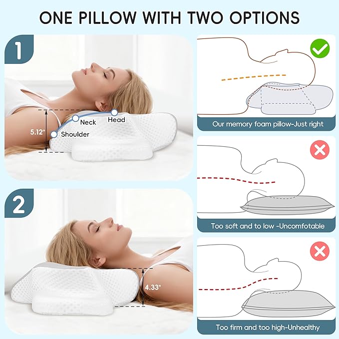 Cervical Pillow for Neck and Shoulder Support, Contour Memory Foam Pillow for Pain Relief, 2 Heights Cooling Ergonomic Orthopedic Pillow for Side Back Stomach Sleepers Grey