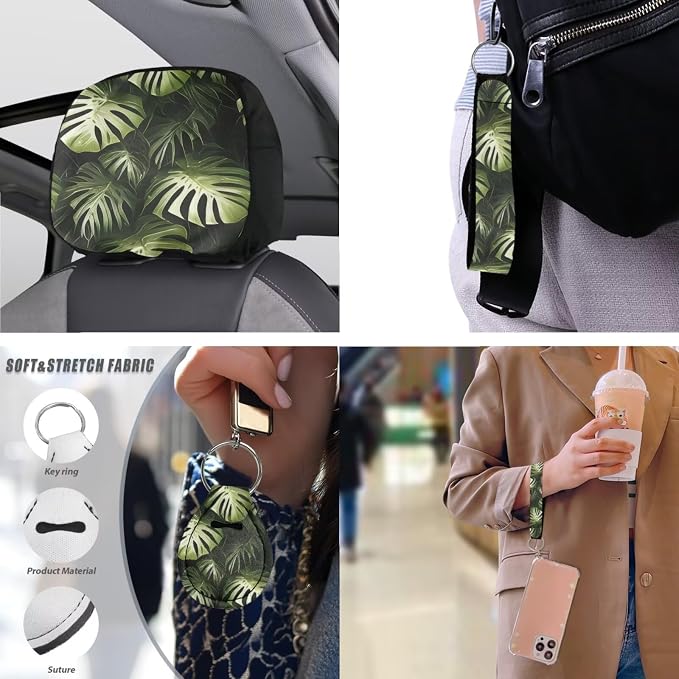 Monstera 13 Pcs Car Seat Covers Full Set, 3D Graphic Green Leaf Auto Front and Rear Bench Seat Protector, Tropital Plants Steering Wheel Sleeve Auto Armrest Cover