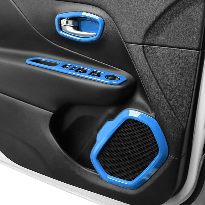 CheroCar 31 PCS Full Set Interior Decoration Trim Kit Steering Button Cover Door Handle Cover Air Outlet Cover Cup Holder Gear Cover Trim Door Speaker Cover for Jeep Renegade 2016-2018,Ligth Blue…