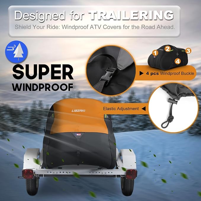 600D ATV Cover Waterproof Heavy Duty Trailerable 4 Wheeler Cover Quad Cover All Season Weather Proof Outdoor UV Protection for Polaris Kawasaki Yamaha Suzuki Can-Am Black/Orange-L