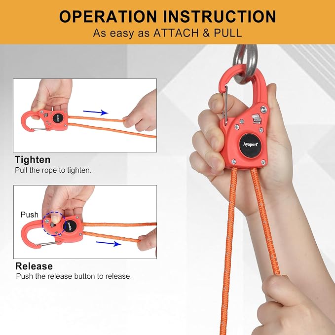 Ayaport Rope Tie Down Ratchet with Safety Lock Clip 1/4" x 12' Heavy Duty One-Piece Adjustable Kayak Straps for Tent, Tarp, Canopy Tie Downs,2Pk Orange