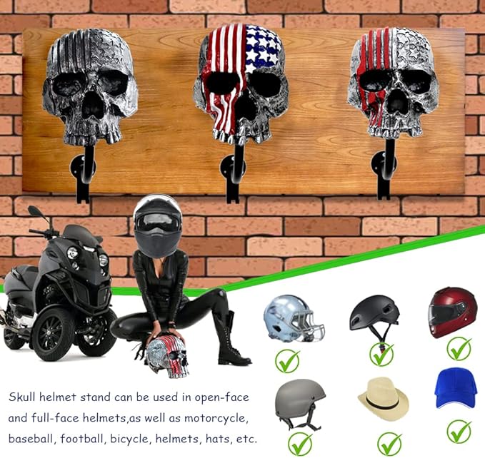 Motorcycle Accessories Helmet Holder Wall Mount, Skull Motorcycle Helmet Rack with 2 Hooks Hanger for Coats, Caps, Sports Equipment