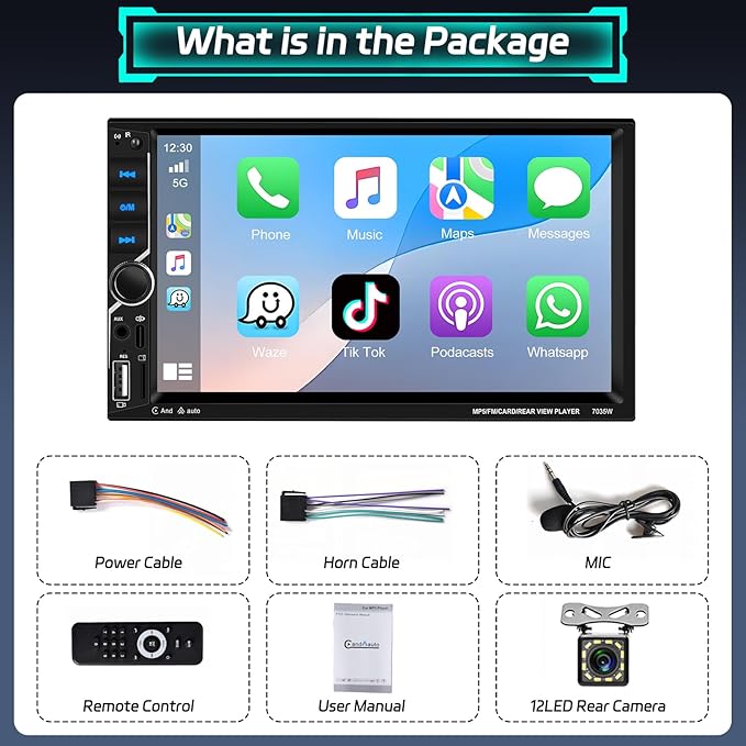 Motoris 7" Car Stereo with Wireless CarPlay & Android Auto, 4+64G Retactable Touchscreen Bluetooth Radio with GPS, Mirror Link, WiFi, Dual USB, Split-Screen, FM Radio, EQ, SWC + Backup Camera
