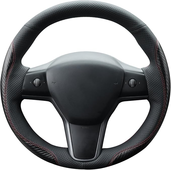 MEWANT Hand Stitch Steering Wheel Cover for Tesla Model 3 2017-2023 Model Y 2020-2023 Black Faux Leather PU Carbon Fiber Custom Fit DIY Wrap Interior Accessories