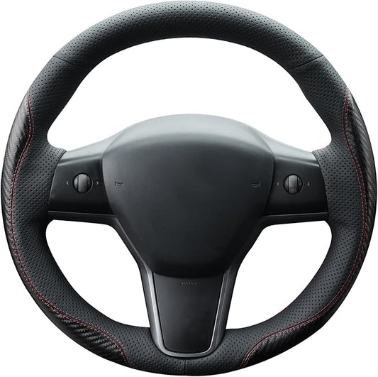 MEWANT Hand Stitch Steering Wheel Cover for Tesla Model 3 2017-2023 Model Y 2020-2023 Black Faux Leather PU Carbon Fiber Custom Fit DIY Wrap Interior Accessories