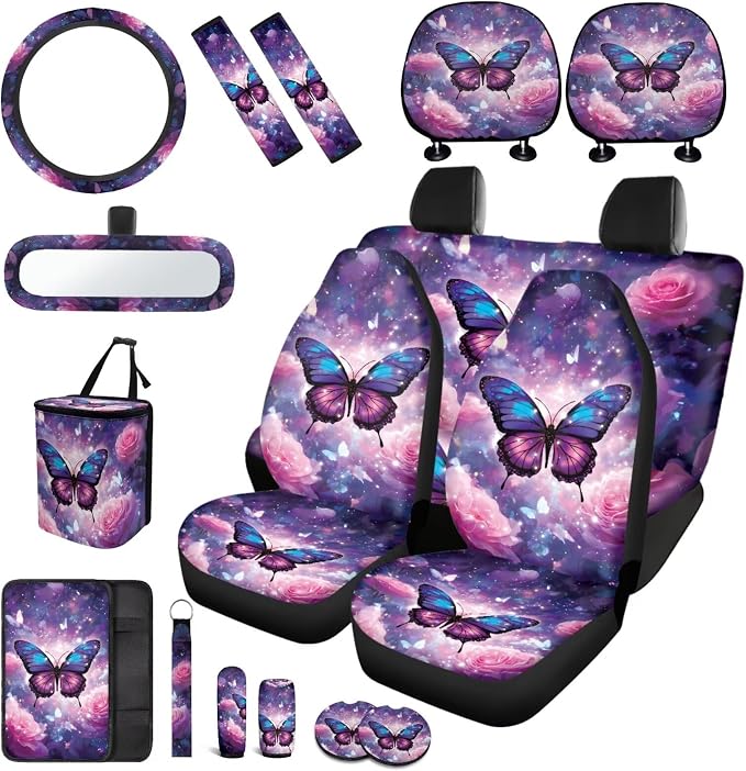 Butterfly Car Seat Covers Full Sets of 17 Pack,Butterfly Car Aaccessories with Auto Trash Garbage Bag,Roses Car Seat Head Rest Protector Universal Automotive Interior Decoration