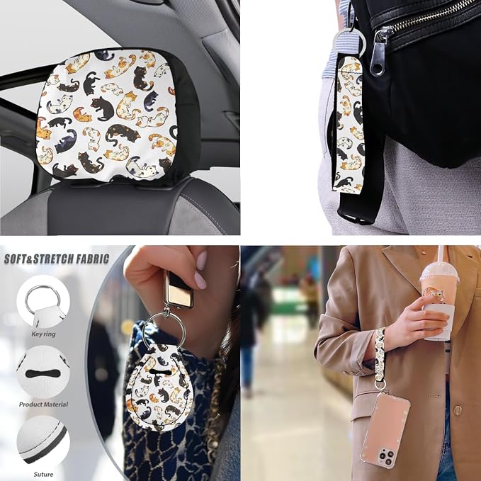 Cartoon Cat 13 Pcs Seat Covers Full Set Front and Back Seat Covers Cute Cat Lover Steering Wheel Cover Seatbelt Strap Cover Cup Mat Keychains…