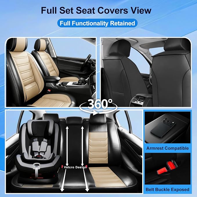 Fit XT4 Car Seat Covers for Select Cadillac XT4 2019-2026 - Premium Full Coverage Leather, Airbag Compatible & Scratch-Resistant, Waterproof & All Weather Seat Protector, Full Set, Black+Beige