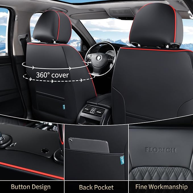 FLORICH Seat Covers, Car Seat Covers Full Set, Luxury Nappa Leather Seat Covers, Breathable and Waterproof Car Seat Protector 5 Seat, Automotive Seat Covers Universal Fit for Most Cars-BlackRedline