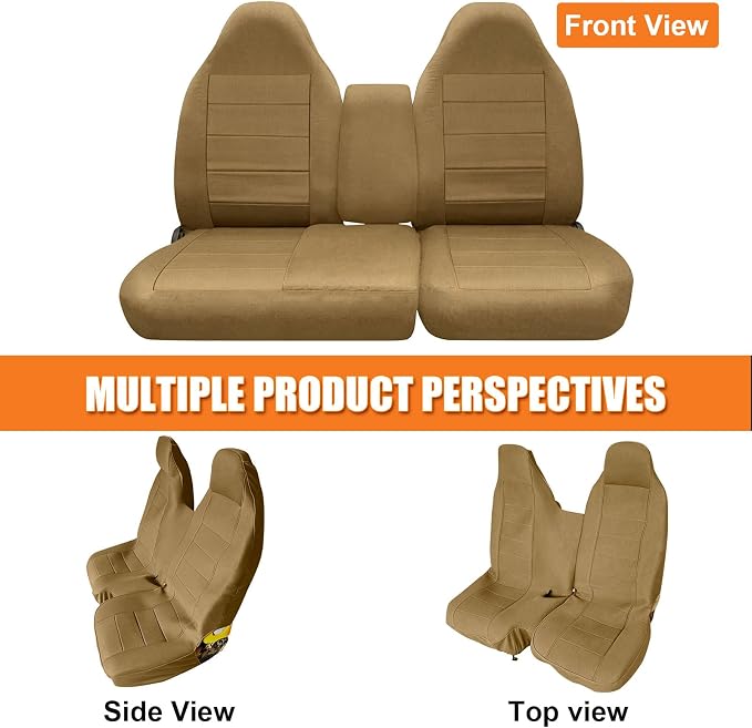 Truck Seat Cover Fit for 1997-2000 Ford F-150, Tan | Front 40/60 Split Bench with Opening Center Console, Not with Airbags Next to The Headrest