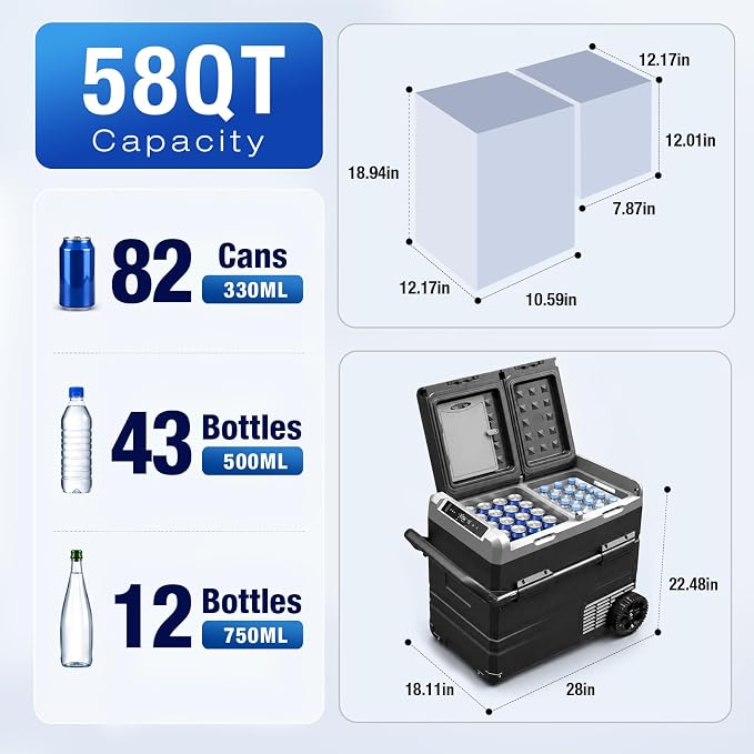 YELLOW JACKET 12 Volt Car Refrigerator 58 Quart, Portable Freezer Dual Zone, -4℉-68℉ Electric Cooler for Camping Road Travel,12/24V DC & 110~240 V AC for Truck RV Home Office