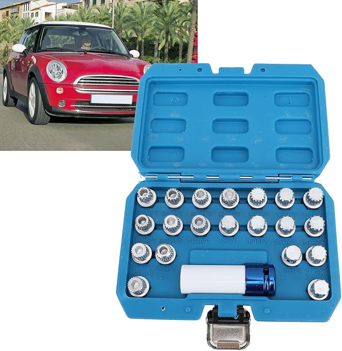 Qqmora 21pcs Wheel Lock Lug Nut Remover Tool Kit with 0.5in Drive Adapter Steel Chrome Plated 36 1 300 for R50 R52 R53