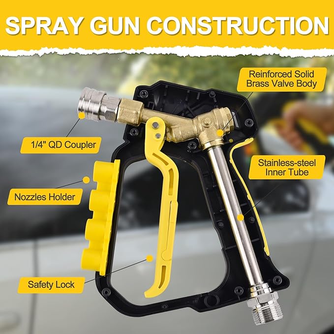 BEAR FORCE High Pressure Washer Short Spray Gun Inlet M22-ID14mm Max 5000 PSI with Nozzle Tips Holder & M22-15mm Connector & 3/8'' Quick Connector Swivel, Power Washer Gun Compatible with Foam Cannon