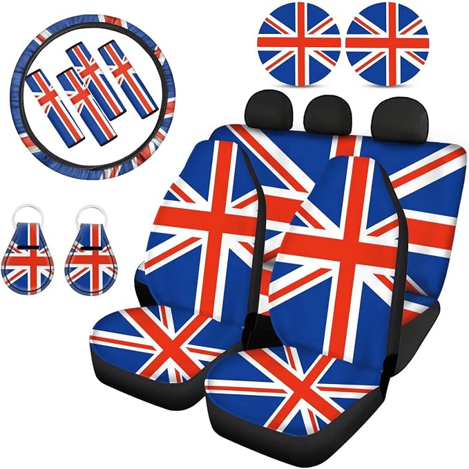 Howilath 13 Pieces Universal Auto Accessories Set British Flags Design Car Seat Covers Full Set/Steering Wheel Covers/Seatbelt Covers/Cup Coasters/Keyrings,Interior Vehicle Protector Decor