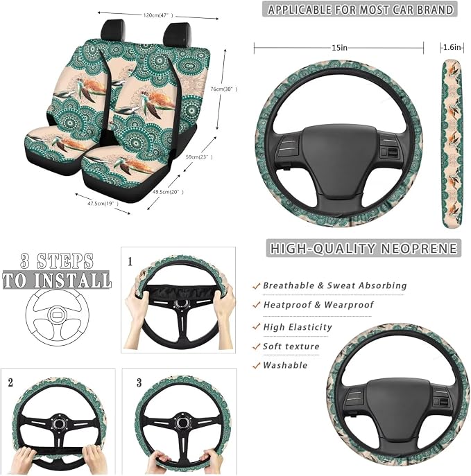 Suobstales Boho Mandala Turtle Print 13 PCS Car Accessories Auto Seat Covers Set with Steering Wheel Cover, Seatbelt Pads, Trash Can, Rearview Mirror Cover, Coasters, Keychain for SUV Trunk Sedan