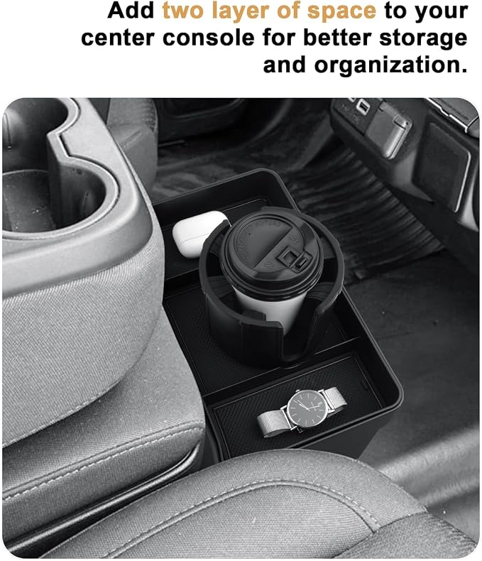 Center Console Tray For 2019-2026 Chevy Silverado/GMC Sierra 1500 & 2020-2026 Silverado/Sierra 2500 HD/3500 HD - Double Layer Storage Tray With Removable Cup Holder - Only Fit Split-Bench Front Seat