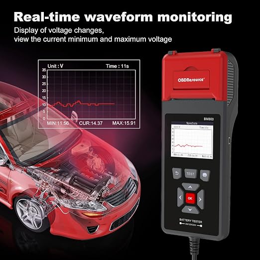 Car Battery Tester with Printer 100-2000 CCA 6V 12V 24V ELMCONFIG BM800 Battery Load Tester with Car Cranking and Charging System Analyzer Scan Tool for Cars, Trucks & Motorcycles (3PCS Thermal Paper)