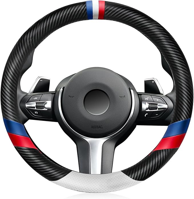 Carbon Fiber Leather Sport Car Steering Wheel Cover Sports Steering Wheel High-Grade Leather Set Stylish Non-Slip Leather car Interior 15 inches for All Car Steering Wheel Cover