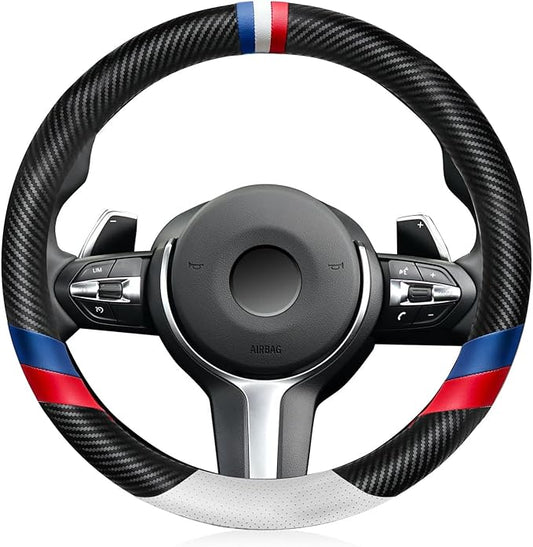 Carbon Fiber Leather Sport Car Steering Wheel Cover Sports Steering Wheel High-Grade Leather Set Stylish Non-Slip Leather car Interior 15 inches for All Car Steering Wheel Cover
