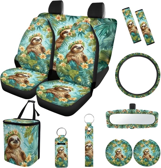 Suobstales Sloth Flower Palm Leaf Print Car Accessories Auto Seat Covers Full Set of 13 with Steering Wheel Cover, Seat Belt Pads, Trash Can, Coaster, Rearview Mirror Cover, Keychains for SUV Van