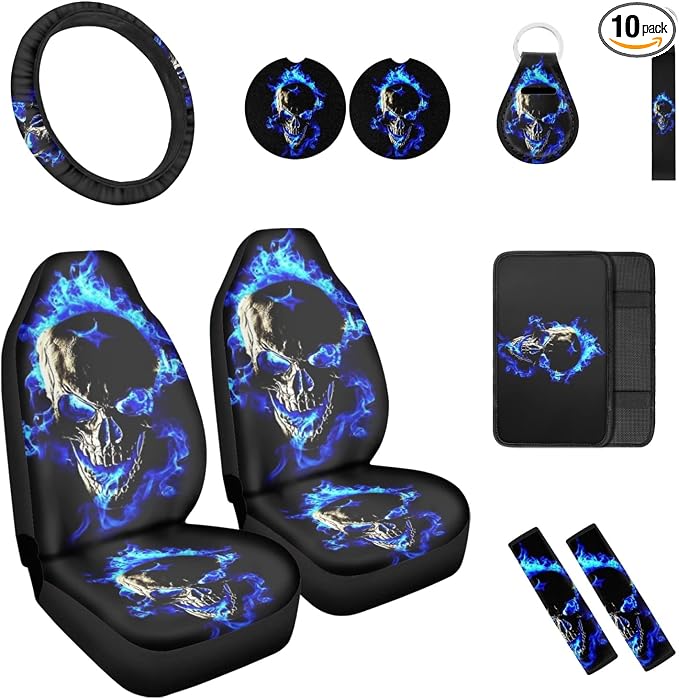 10 Pcs Blue Flame Skull Car Seat Covers Set, Seat Covers for Cars Steering Wheel Cover Auto Center Console Pad Shoulder Pads Cup Coasters Keychain Wrist Strap for Cars Trucks and SUVs