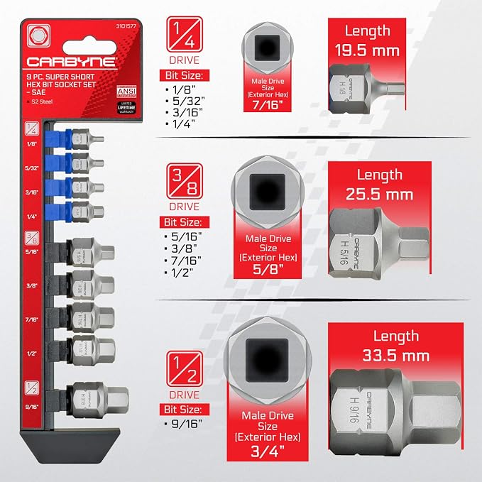 CARBYNE 9-Piece SAE Stubby Low Profile Hex (Allen) Bit Socket Set, 1/8 to 9/16 in., S2 Steel, Super Short Allen Sockets, Dual Drive Internal Square and External Hex for Tight Confined Spaces