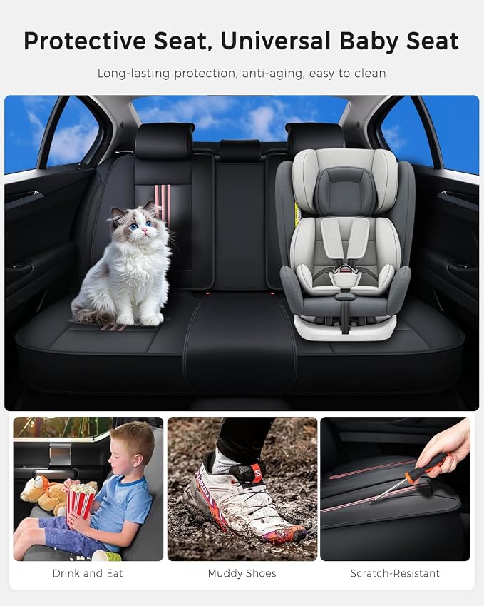 Huidasource Rear Car Seat Cover, Nappa Leather Rear Seat Cover with Ventilation Holes, Velcro Adjustable, Compatible with Seat Belts, Child Seats, Universal Fit for Most Cars SUV Truck, Black＆Pink