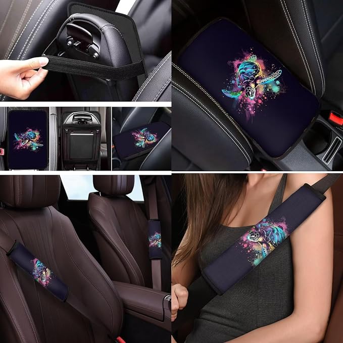 Mumeson Sea Turtle Car Front and Rear Bench Covers Set with Rubber Steering Wheel Cover + Armrest Cushion for Cars + Seat Belt Shoulder Pads Full Set of 8 Pieces Auto Decor