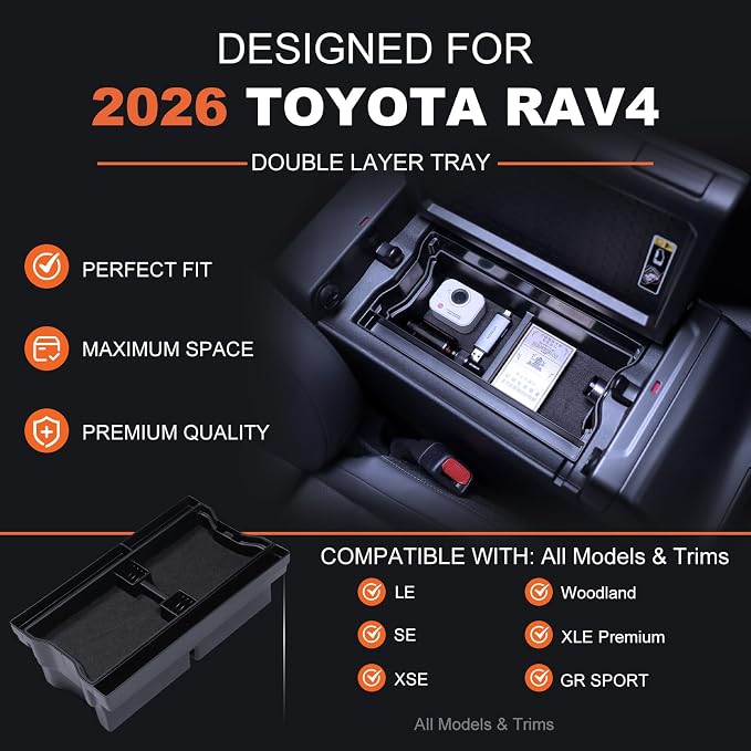 For 2026 Toyota RAV4 3PCS Double Layer Center Console Organizer Tray ABS Armrest Storage Box Easy to Pick Up&Install, 6th Gen Hybrid&Plug-in Hybrid Interior Accessories