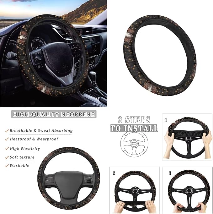 Deer American Flag Maple Leaf Pattern 13 Pieces Car Accessories Set, Non Slip Car Front and Rear Seat Cover Pack of 4, 1 PCS Steering Wheel Cover, 4 PCS Seat Belt Cover Pad，4 PCS Cup Coasters