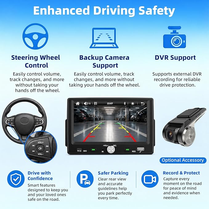7 Inch Single Din HD Touchscreen Car Stereo CarPlay Android Auto, 1 Din Android Car Stereo with Bluetooth 5.0, Mirror Link, FM, Steering Wheel Control, EQ, USB/Type-C, Supports Reversing Camera