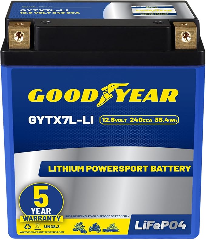 Goodyear GYTX7L-LI Lithium LiFePO4 12.8V 240CCA Rechargeable High Performance Powersport Battery with Smart BMS Replacement for Motorcycle, ATV, UTV, Scooter, Watercraft, Jet Ski, and Snowmobile