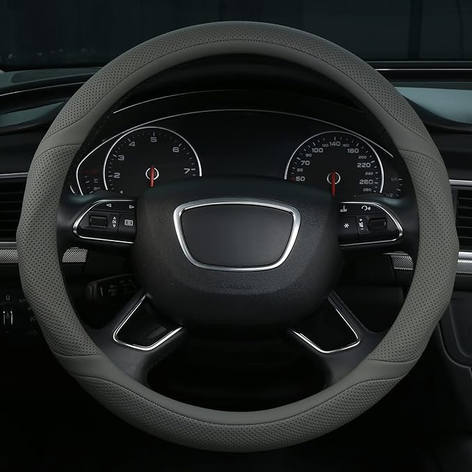 ALEMODR Gray Leather Steering Wheel Cover Universal 15 inch