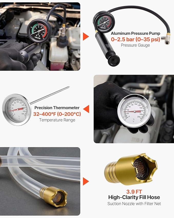 VEVOR Coolant Pressure Tester Kit, 28Pcs Radiator Vacuum Refill Kit with 4 Adapters, Universal Fit, Automotive Cooling System Pressure Tester Kit, with Pressure Pump & Aluminum Alloy Purge Filler
