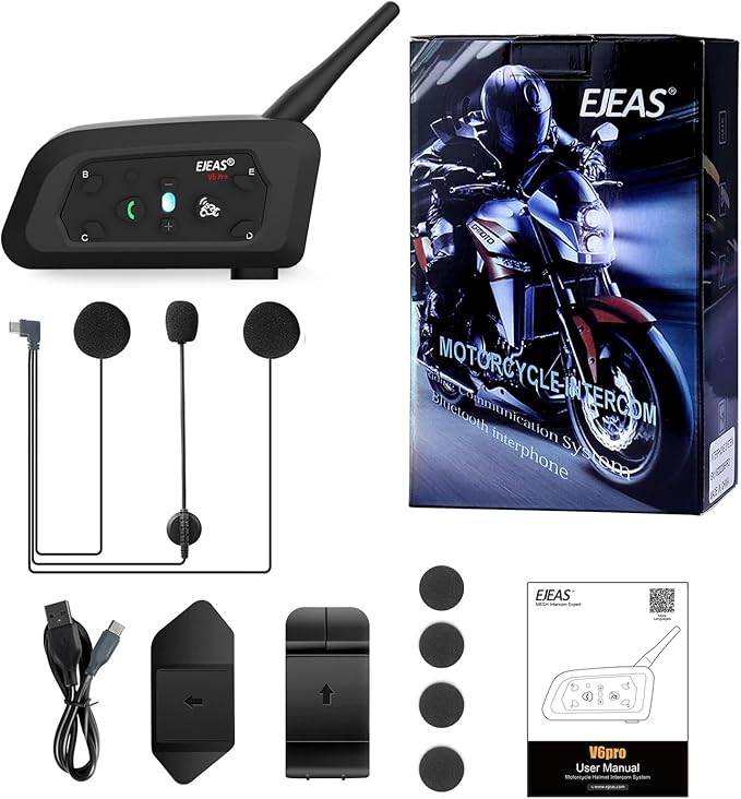 EJEAS V6 Pro Motorcycle Helmet Bluetooth Intercom, 2-Way 1200M Motorcycle Bluetooth Headset Universal Communication System with Noise Cancellation and Waterproof for Dirt Bike/ATV/Snowmobile (1PC)