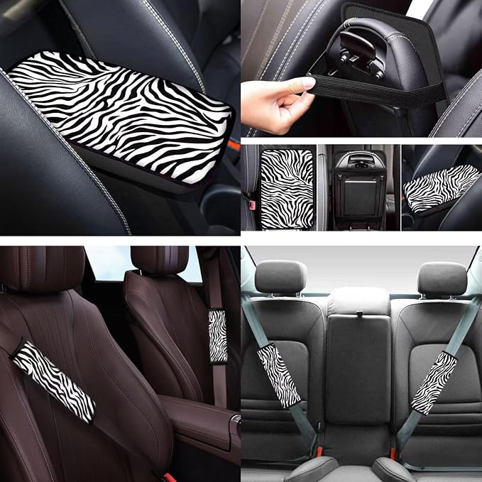 Zebra Print 12 Pcs Car Seat Covers Full Set with Auto Steering Wheel Cover Armrest Cushion Protector Seat Belt Covers Automotive Interior Sets Universal Fit for Cars SUV