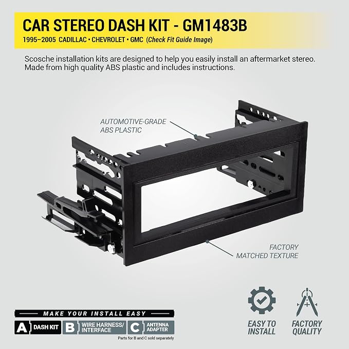 Scosche GM1483B Single DIN Dash Kit Compatible with Select 1995-05 Cadillac, Chevrolet and GMC Full Size Trucks - Car Stereo Radio Install Kit - Single DIN Radios Only - See Fit Guide in Images