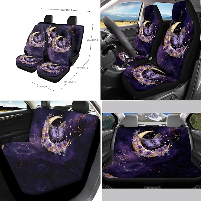 Suobstales Butterfly Moon Rose Marble Print Car Accessories for Women Men Car Seat Covers Full Set Interior Cover Seat Protectors with Steering Wheel Cover, Seat Belt Pads, Coaster, Keychains