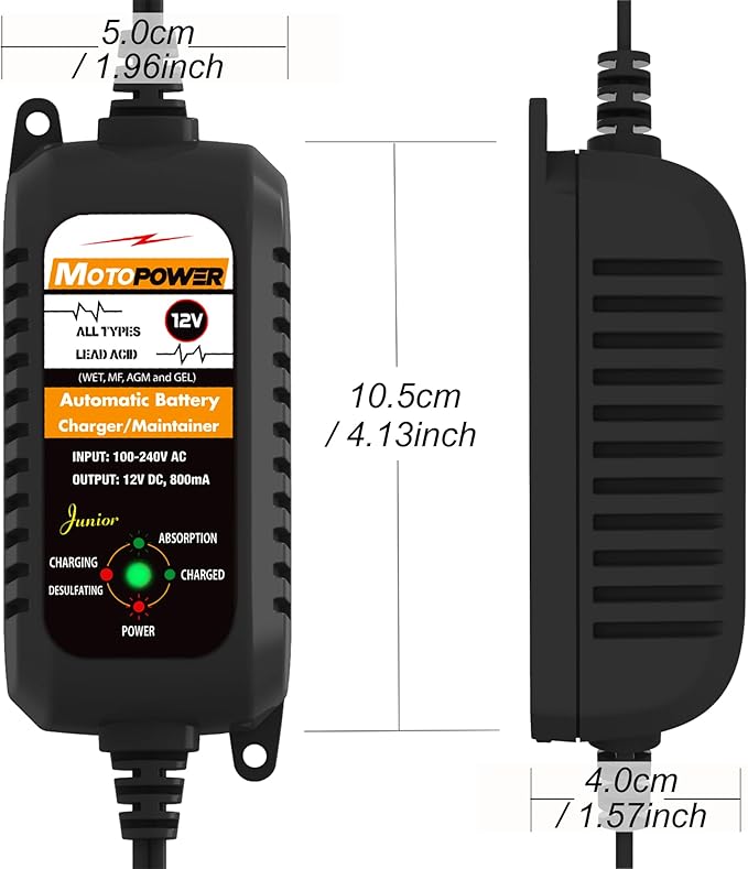 MOTOPOWER MP00205A 12V 800mA Automatic Battery Charger, Maintainer, Trickle and Desulfator